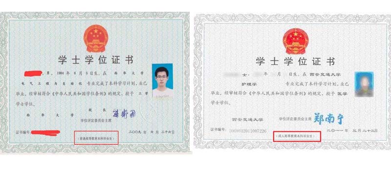 統招學士學位證書和自考的對比